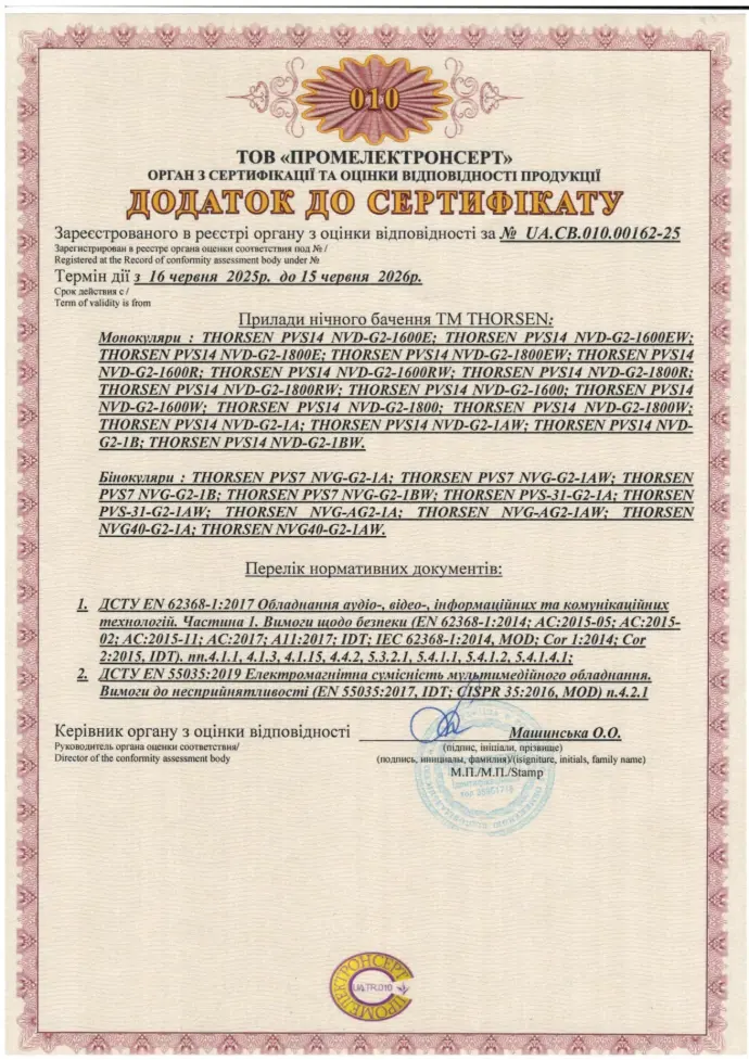 Додаток до сертифіката відповідності ТМ THORSEN 2025–2026, перелік моделей монокулярів та бінокулярів