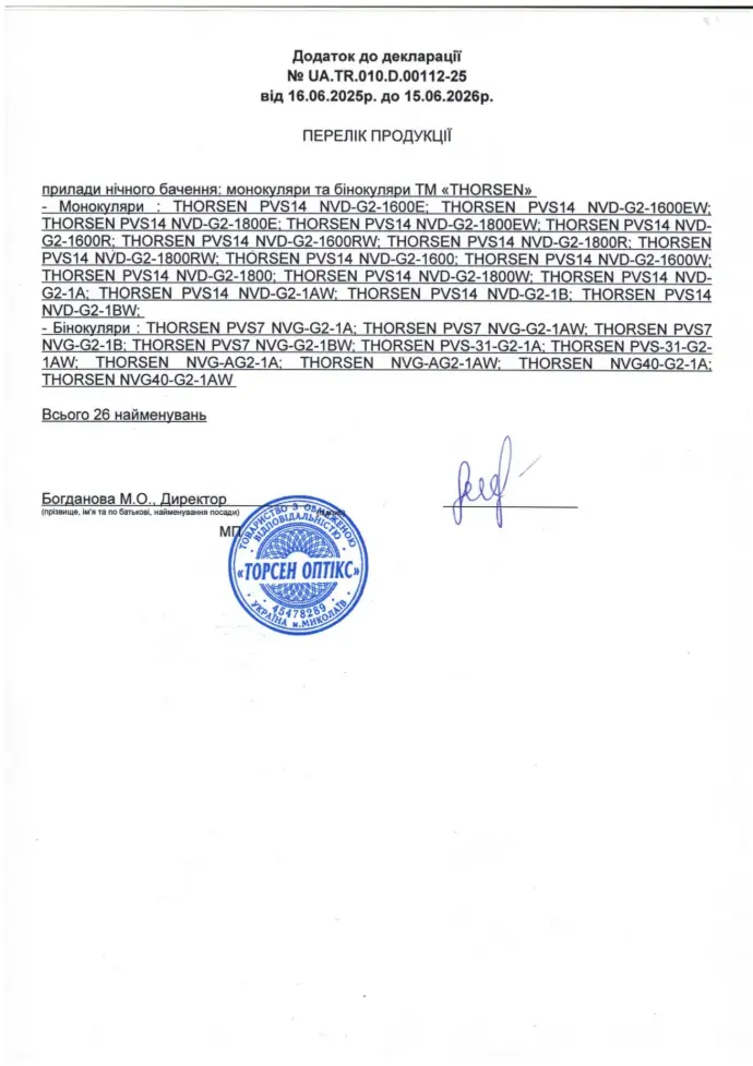Додаток до декларації відповідності ТМ THORSEN, перелік продукції нічного бачення